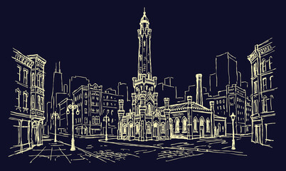 Vector line art of a vintage building. Old Building In Chicago City. © Avartde