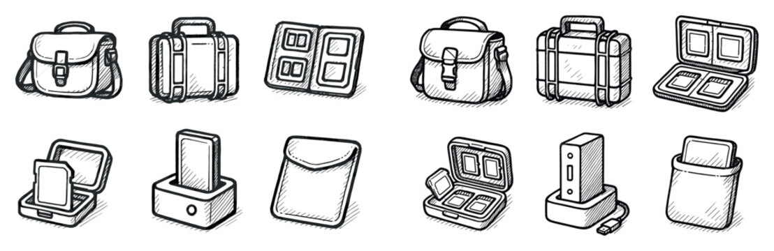 Travel icons with satchel briefcase wallet sketch