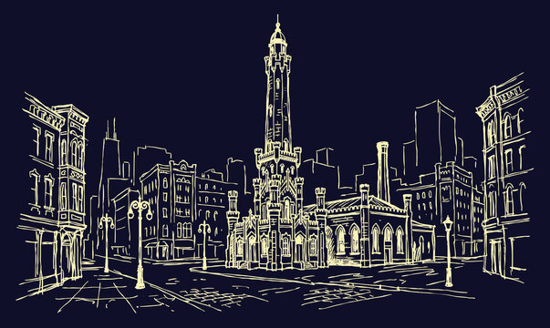 Vector line art of a vintage building. Old Building In Chicago City.