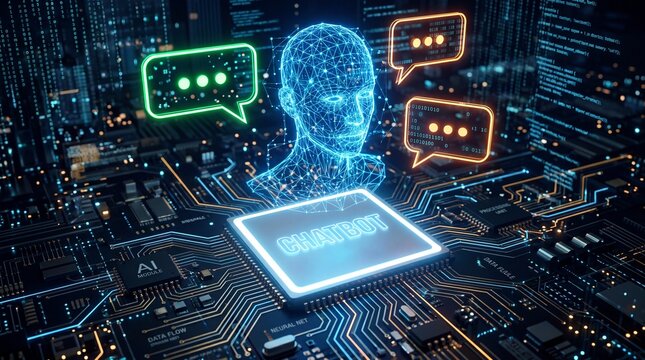 Futuristic AI Chatbot Concept - Digital Humanoid and Speech Bubbles on Circuit Board.