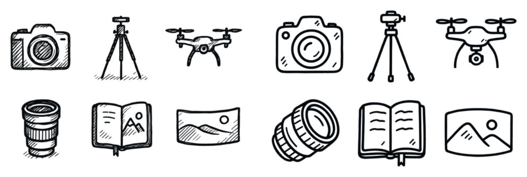 Photography icons with camera drone tripod sketch