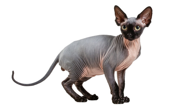 Grey Skinny Sphynx Cat Standing with Curled Tail