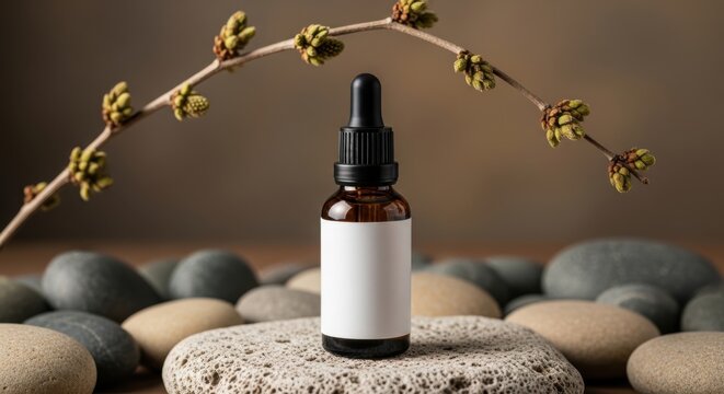 Brown glass dropper bottle with white label on rocks and branch