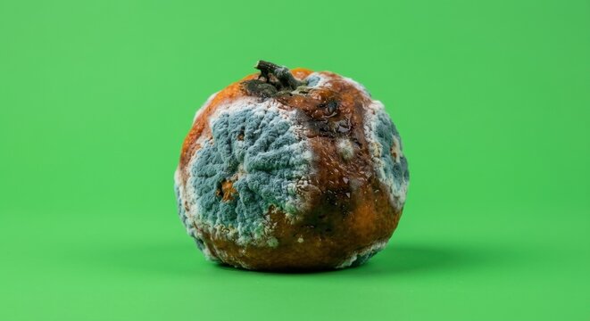 Rotten orange with extensive green and white mold on a vibrant green background.