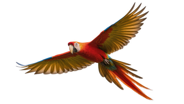 Scarlet macaw parrot in flight with vibrant plumage and outstretched wings