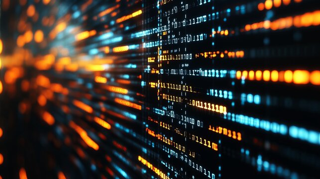 Glowing digital binary code stream flowing across a dark screen in this modern abstract technology photograph