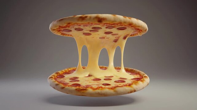 Two pizzas with melted cheese strings.