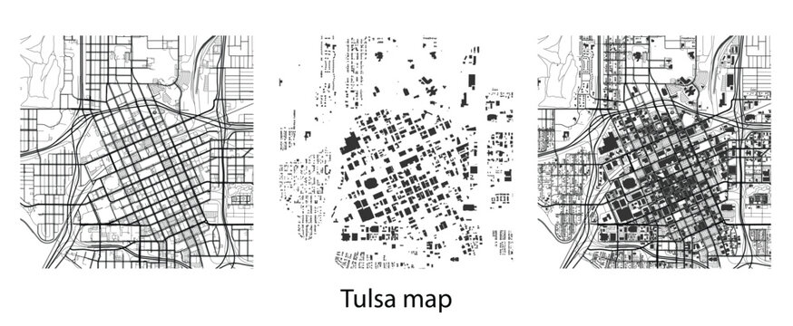 Tulsa City Map Vector Illustration with Urban Road Grid and Building Footprints