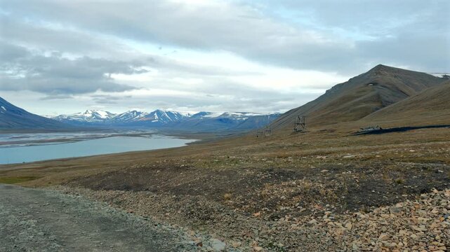 Longyearbyen's old coal mine woth fjords in Spitsbergen Svalbard Norway