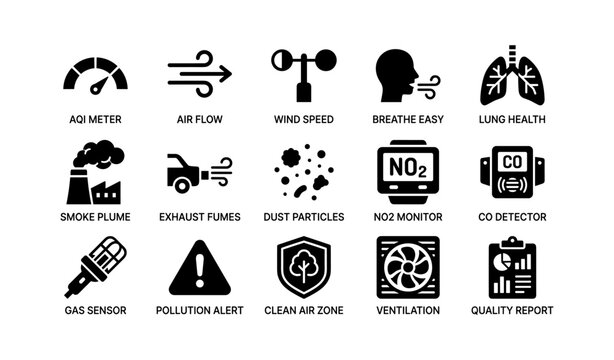 Air quality and pollution icons showing sensors meters and warnings