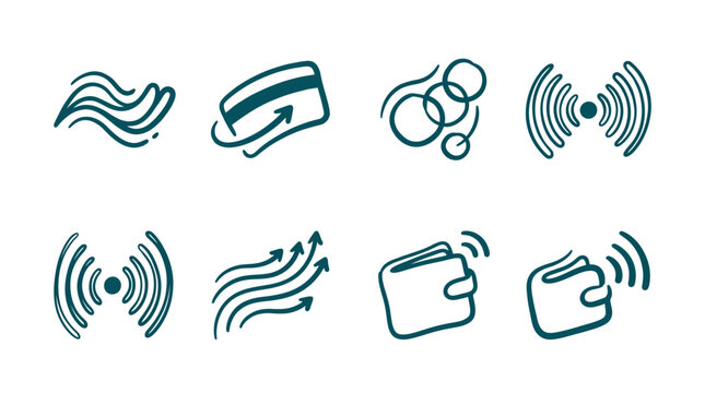 Hand Drawn Contactless Payment and NFC Wireless Technology Doodle Icon Set Vector Collection