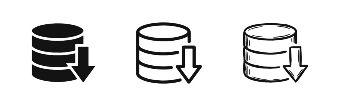 Database download server icon set. Data storage import symbol in flat, line and sketch styles.