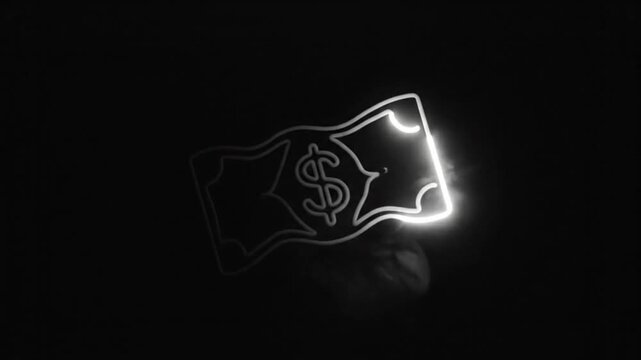 Neon dollar bill illuminated and surrounded by smoke on a black background, representing money and finance.