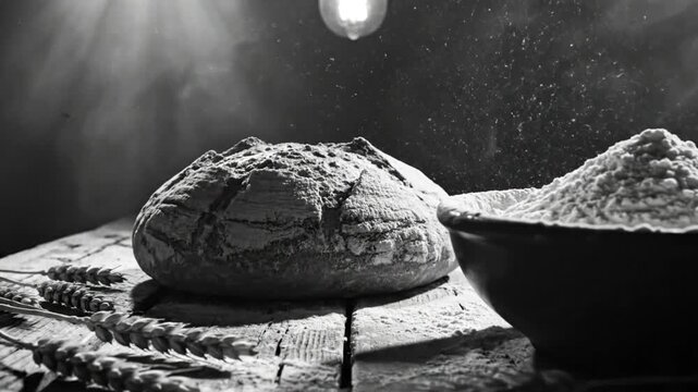 Black and white still life with a rustic bread loaf, bowl of flour, and wheat on a wooden table, artistic style