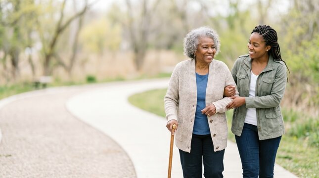 Elderly African American woman walking with young female companion on a winding path in a park