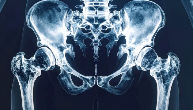 Detailed widescreen human pelvis x ray scan, showcasing the intricate bony structures of the hip joints, sacrum, and femur bones in a high contrast clinical medical diagnostic imaging format.