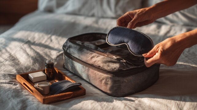Hands placing sleep mask into toiletry bag, sunlit bedroom backdrop with soft bedding, passport and grooming kit nearby, calm preflight ritual for business traveler, focus on texture and intimate