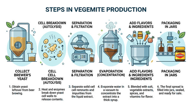 Illustrative infographic showing the various industrial manufacturing stages required to produce the popular savory food spread known as Australian vegemite