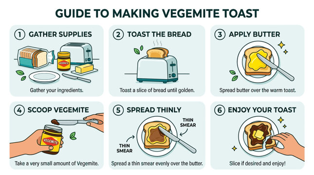 Instructional image showing a step by step process for preparing delicious vegemite toast with butter in a simple illustrated format