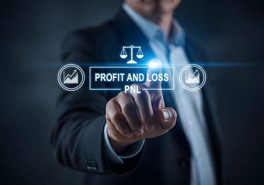 Businessman touching profit and loss P N L screen with scales and graphs suit finger