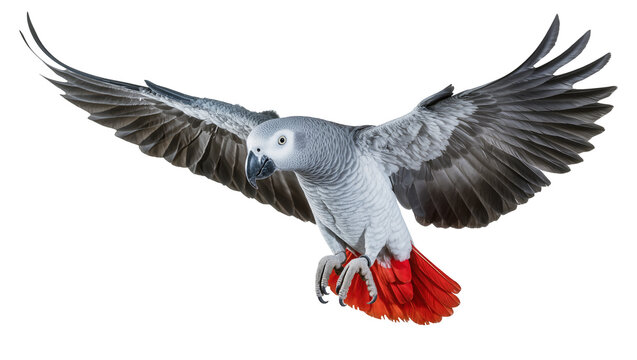 Gray African Parrot with Red Tail Flying with Spread Wings