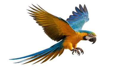 Vibrant Blue-Yellow Ara Macaw Flying with Extended Wings © Maelle
