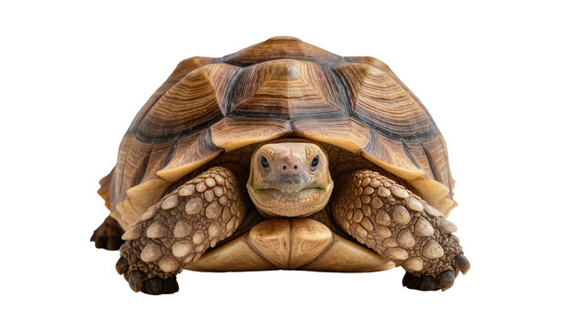 Brown shelled tortoise with textured legs and patterned carapace