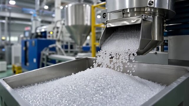 Plastic polymer pellets flowing through industrial manufacturing machine in modern factory production