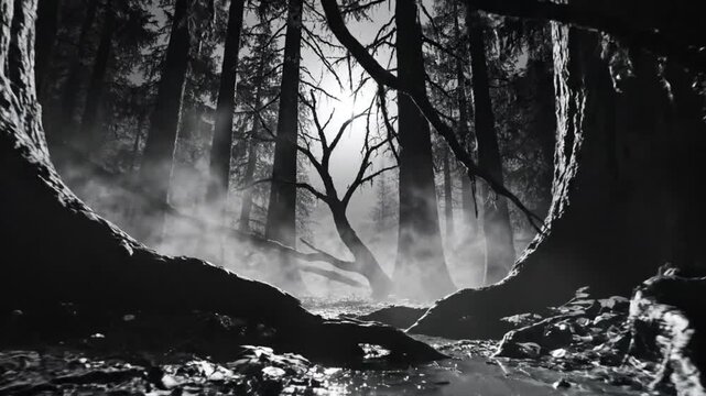 Mysterious forest landscape with sunbeams filtering through the foggy woodland and gnarled trees