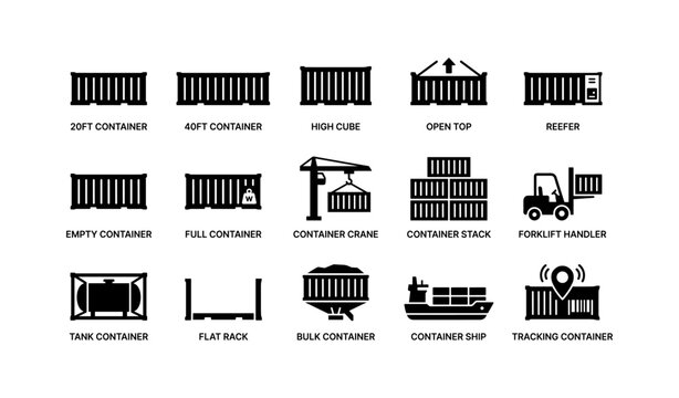 Container type icons illustrating shipping terminal on white