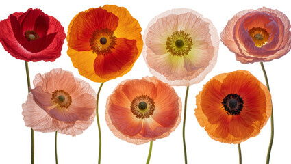 Obraz premium Vibrant Red Orange Pink Poppies Arrangement with Green Stems
