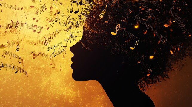 Silhouette of a woman with music notes in her hair, profile view, against a golden background.