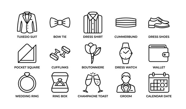 Wedding attire and celebration icons arranged on white background