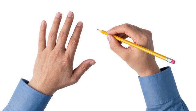 Human hand holding yellow pencil writing with another hand gesturing