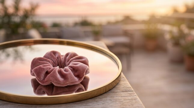 Pink velvet scrunchie on a gold mirror tray at sunset for hair fashion