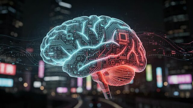 Glowing digital brain with neon circuitry and microchips symbolizing advanced technology and artificial intelligence