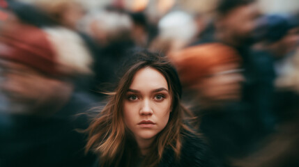 Naklejka premium Sad woman standing in blurred moving crowd