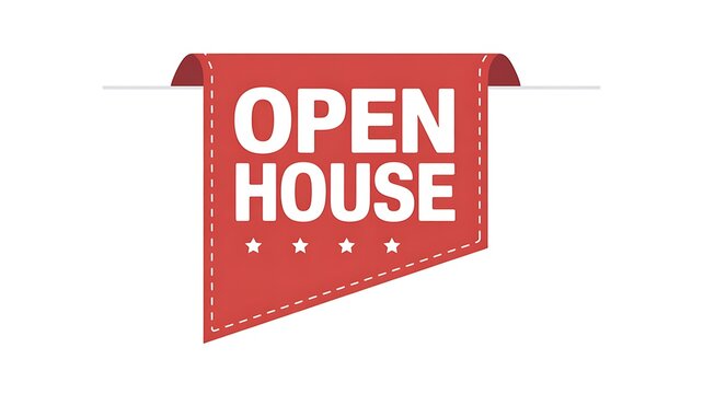 Red open house flag, pennant banner, real estate sign, white text