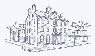 Obraz premium Vector line art of a vintage building. Old Building In Gettysburg City.