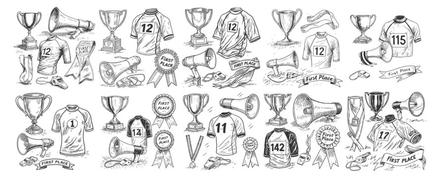 Sports award and victory collection sketch vector with trophies megaphones jerseys and first place ribbons