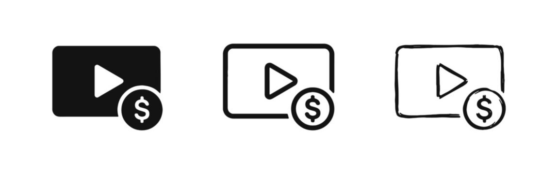 Video Player with Dollar Sign Icons for Monetization and Profit - Set of 3 Styles
