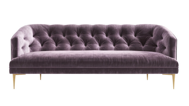 Plush purple velvet tufted sofa with gold tapered legs