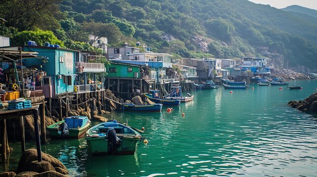Colorful hillside fishing village along a turquoise harbor with boats and docks