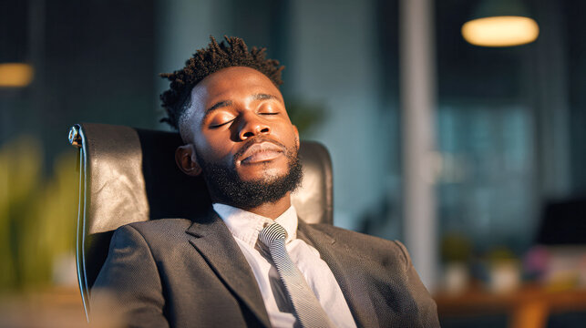 A well-dressed man relaxes in an office chair with his eyes closed, taking a peaceful break at work.