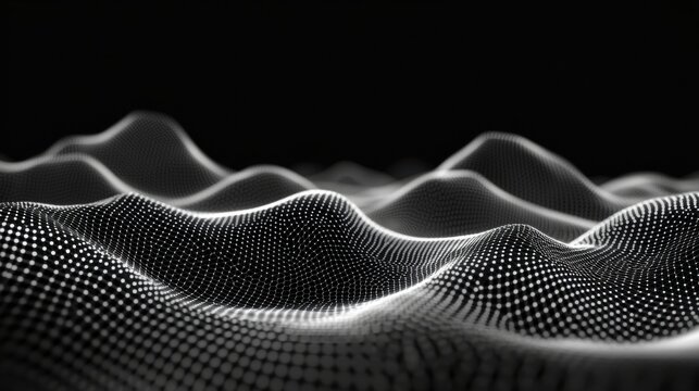 Abstract monochrome particle landscape with glowing digital waves and white dots on black background, futuristic cyber terrain with flowing technology motion depth.