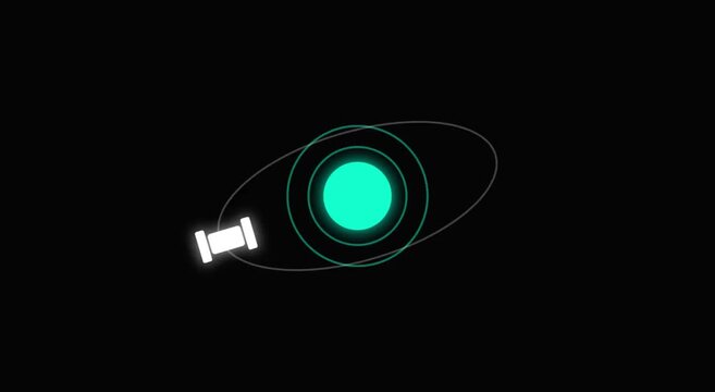 A glowing green circle is connected to a small white cylinder by a thin wire in a dark space with technology elements.