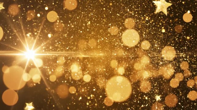 Vibrant golden light sparkle with Christmas dust, festive glitter, glowing bokeh and elegant flare effect, shiny background design for seasonal holiday illustration and celebration