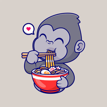 Cute Gorilla Eating Ramen Noodle Cartoon