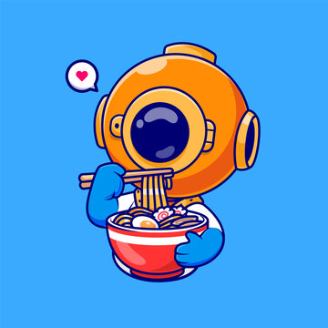 Cute Diver Eating Ramen Noodle Cartoon