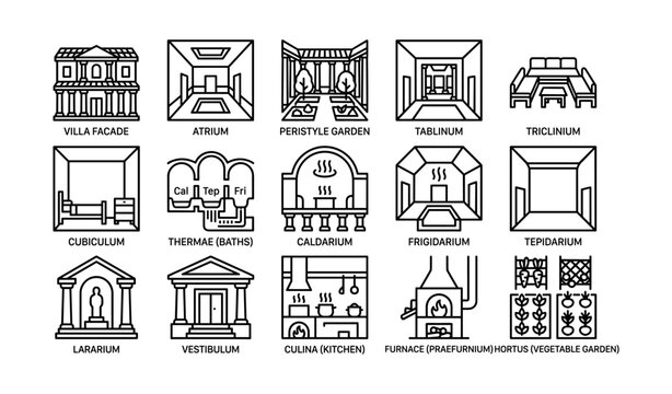Roman villa architectural elements and room icons on white background